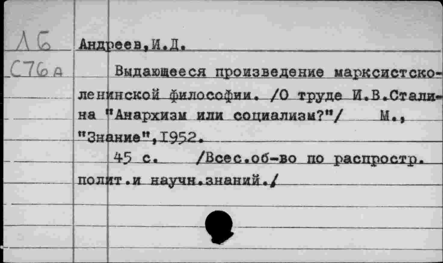 ﻿л с;	Анд	1 реев.И.Д,
С7(о А	лет	Выдаюаееся произведение марксистско-
	на 1	"Анархизм или социализм?”/	М.,
	**3н1	РИМА" ТОЧ2.
		45 с.	/Всес.об-во по распростр.
	поди	ИТ-и научн.знаний./
		
-	—			
		